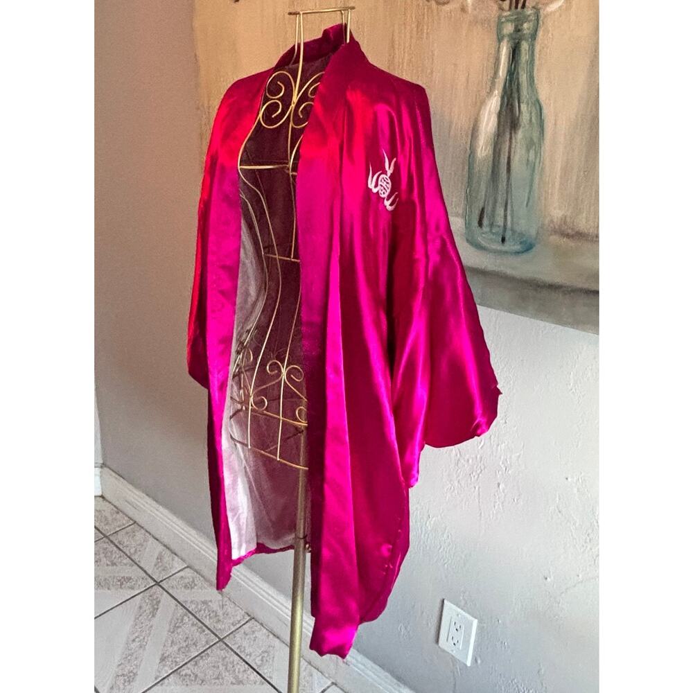 Dragon Embroidered Satin Kimono Robe Fuchsia Japanese Style Haori Unisex - Picture 4 of 8